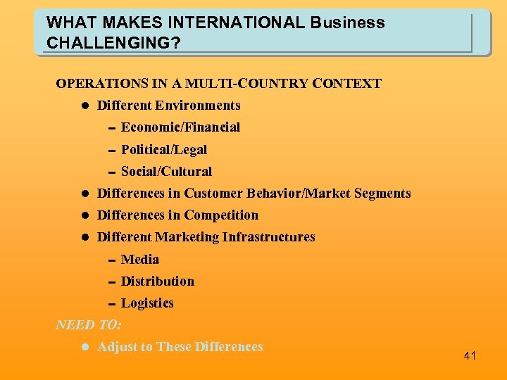 WHAT MAKES INTERNATIONAL Business CHALLENGING? OPERATIONS IN A MULTI-COUNTRY CONTEXT l Different Environments 0