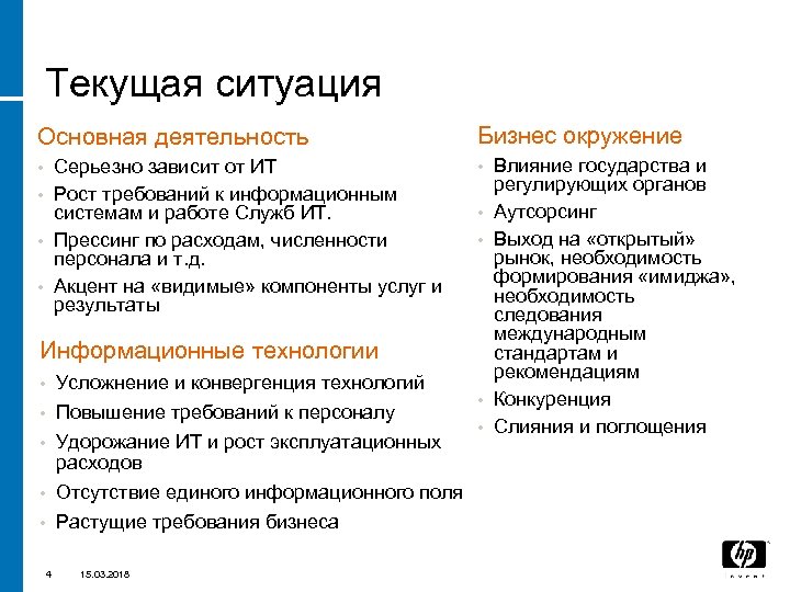 Текущая ситуация Основная деятельность Бизнес окружение Серьезно зависит от ИТ • Рост требований к