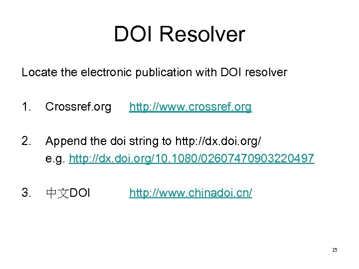 DOI Resolver Locate the electronic publication with DOI resolver 1. Crossref. org 2. Append