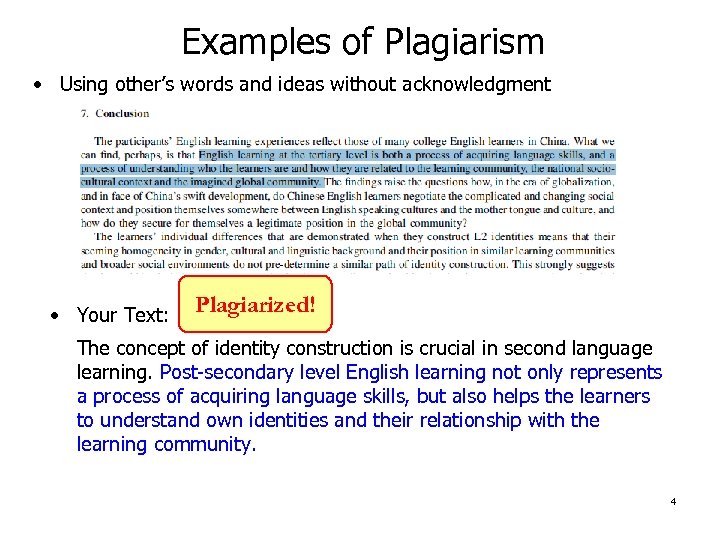Examples of Plagiarism • Using other’s words and ideas without acknowledgment • Your Text: