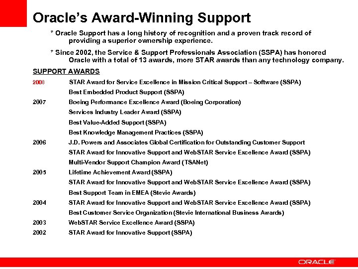 Oracle’s Award-Winning Support * Oracle Support has a long history of recognition and a