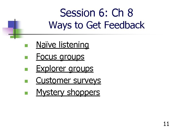 Session 6: Ch 8 Ways to Get Feedback n n n Naïve listening Focus