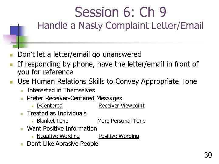 Session 6: Ch 9 Handle a Nasty Complaint Letter/Email n n n Don’t let