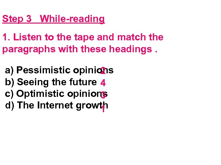 Step 3 While-reading 1. Listen to the tape and match the paragraphs with these