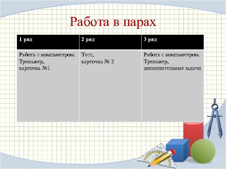 Работа в парах 1 ряд 2 ряд 3 ряд Работа с компьютером. Тренажер, карточка