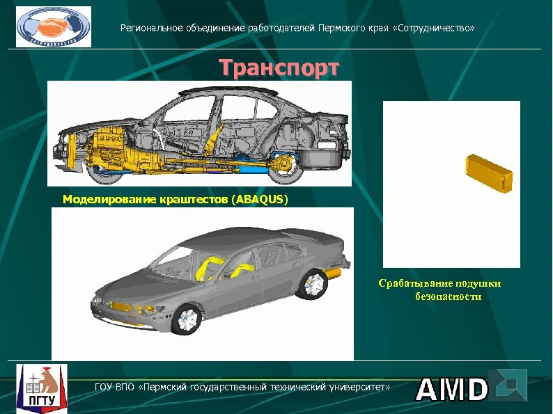 Региональное объединение работодателей Пермского края «Сотрудничество» Транспорт Моделирование краштестов (ABAQUS) Срабатывание подушки безопасности ГОУ