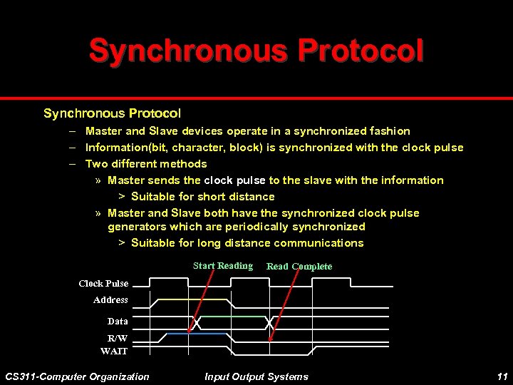 Synchronous Protocol – Master and Slave devices operate in a synchronized fashion – Information(bit,