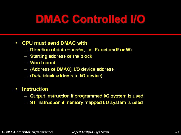 DMAC Controlled I/O • CPU must send DMAC with – – – Direction of