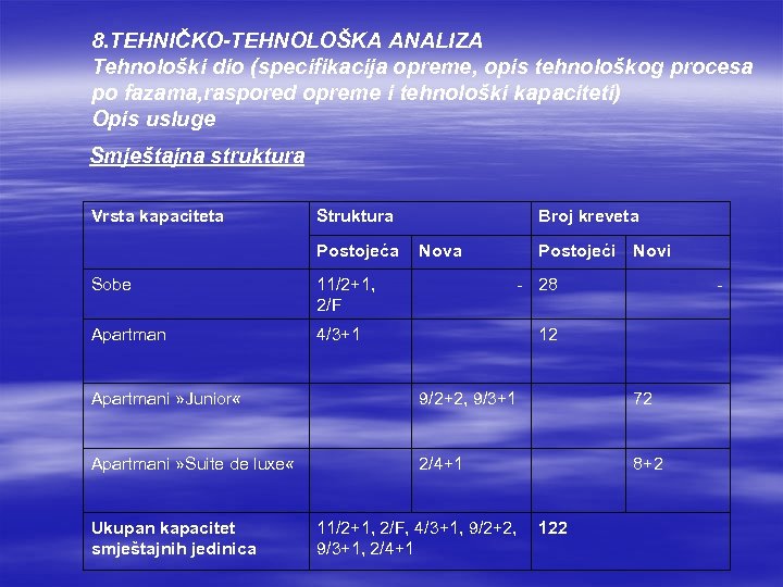 8. TEHNIČKO-TEHNOLOŠKA ANALIZA Tehnološki dio (specifikacija opreme, opis tehnološkog procesa po fazama, raspored opreme