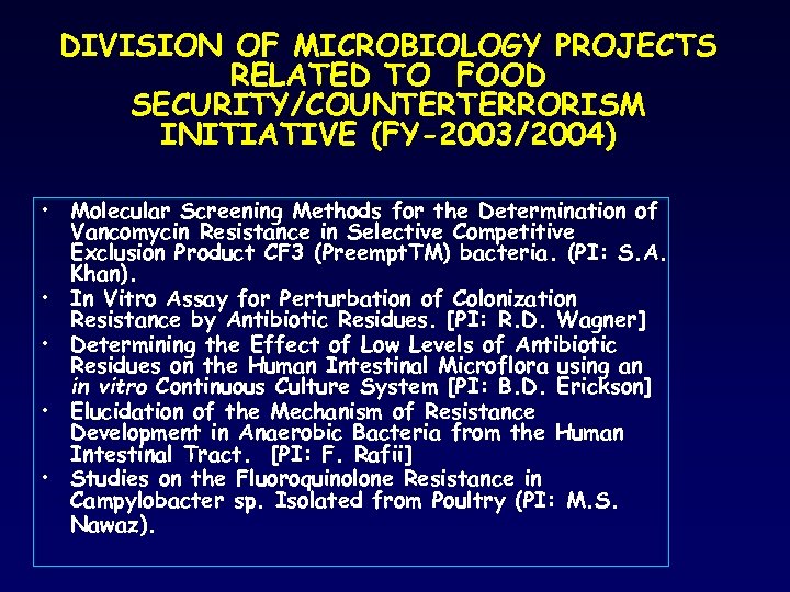 DIVISION OF MICROBIOLOGY PROJECTS RELATED TO FOOD SECURITY/COUNTERTERRORISM INITIATIVE (FY-2003/2004) • Molecular Screening Methods