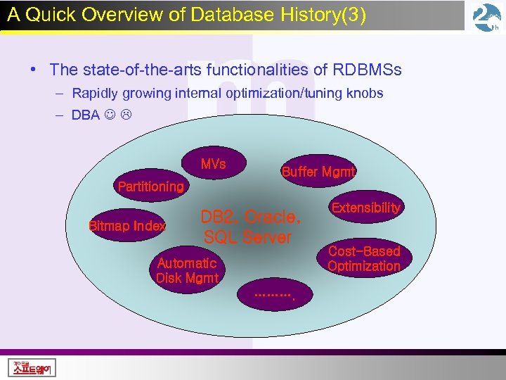 A Quick Overview of Database History(3) • The state-of-the-arts functionalities of RDBMSs – Rapidly