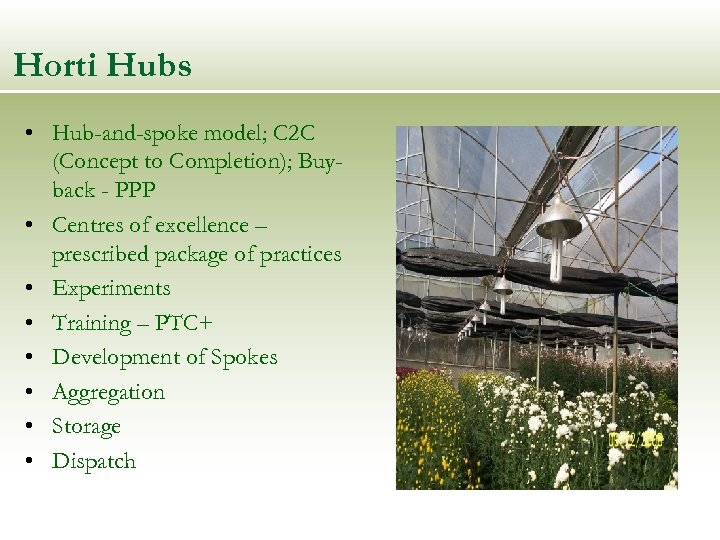 Horti Hubs • Hub-and-spoke model; C 2 C (Concept to Completion); Buyback - PPP