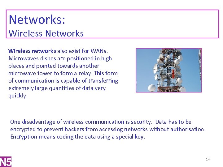 Networks: Wireless Networks Wireless networks also exist for WANs. Microwaves dishes are positioned in