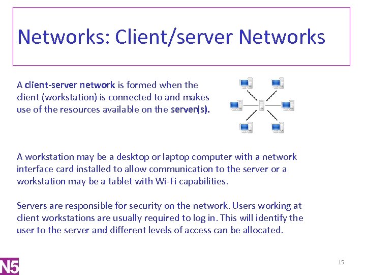 Networks: Client/server Networks A client-server network is formed when the client (workstation) is connected