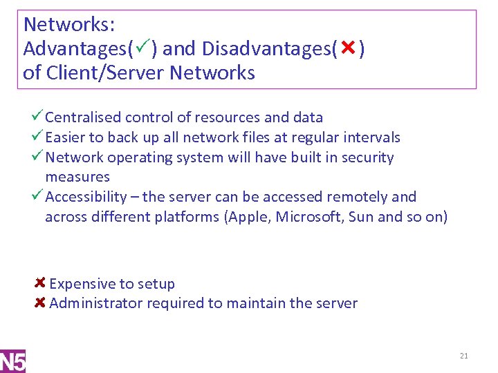 Networks: Advantages( ) and Disadvantages( ) of Client/Server Networks ü Centralised control of resources