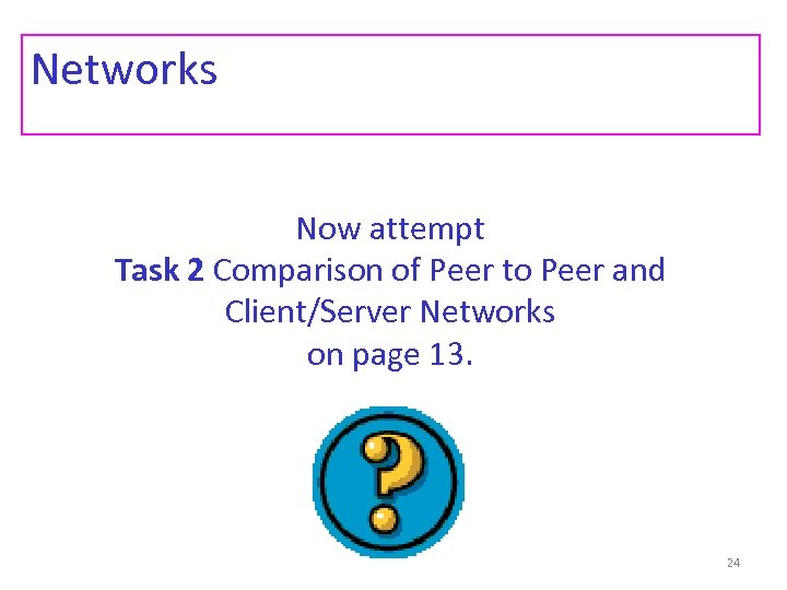 Networks Now attempt Task 2 Comparison of Peer to Peer and Client/Server Networks on