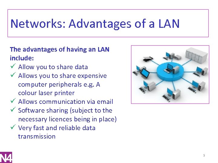 Networks: Advantages of a LAN The advantages of having an LAN include: ü Allow