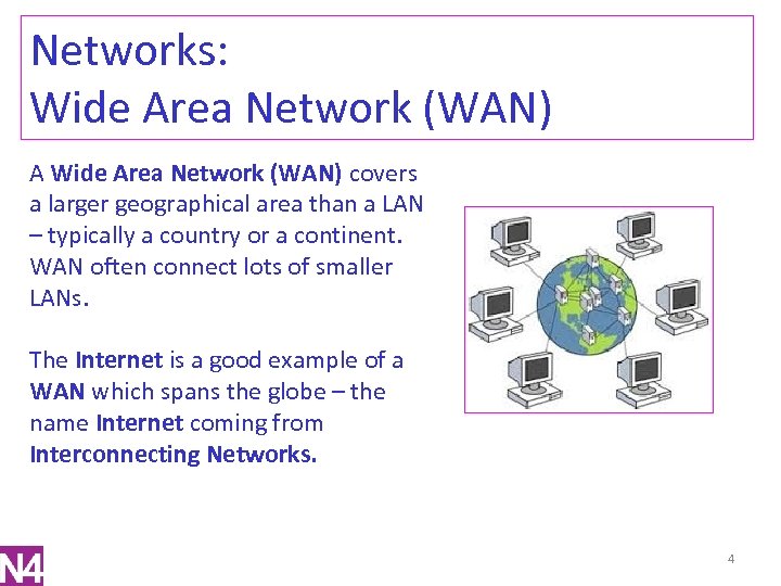 Networks: Wide Area Network (WAN) A Wide Area Network (WAN) covers a larger geographical