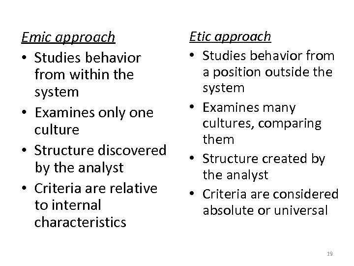 Emic approach • Studies behavior from within the system • Examines only one culture