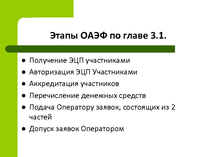 Этапы ОАЭФ по главе 3. 1. l l l Получение ЭЦП участниками Авторизация ЭЦП
