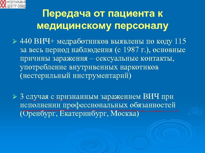 Передача от пациента к медицинскому персоналу Ø 440 ВИЧ+ медработников выявлены по коду 115