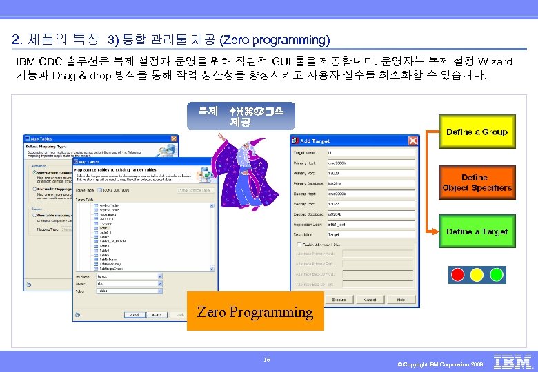 2. 제품의 특징 3) 통합 관리툴 제공 (Zero programming) IBM CDC 솔루션은 복제 설정과