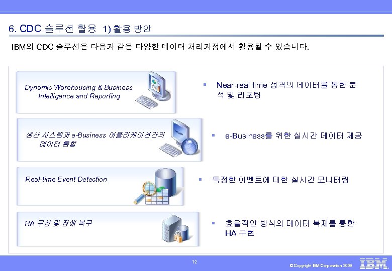 6. CDC 솔루션 활용 1) 활용 방안 IBM의 CDC 솔루션은 다음과 같은 다양한 데이터