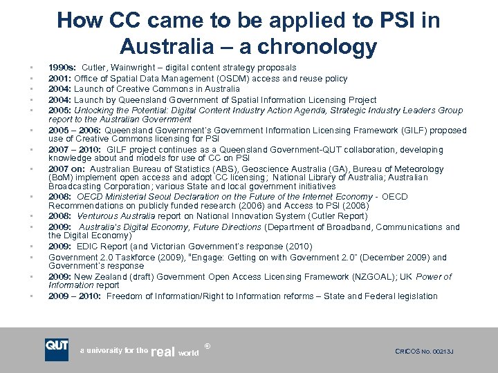How CC came to be applied to PSI in Australia – a chronology •