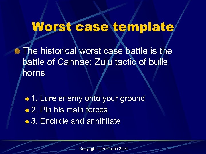 Worst case template The historical worst case battle is the battle of Cannae: Zulu