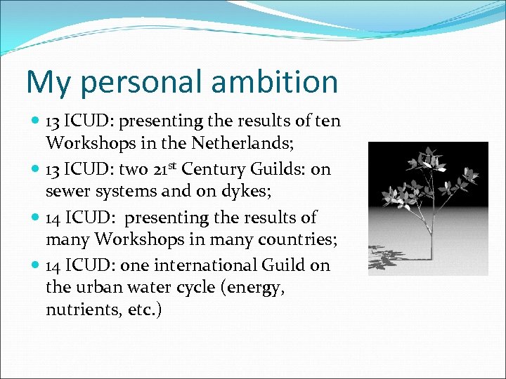 My personal ambition 13 ICUD: presenting the results of ten Workshops in the Netherlands;