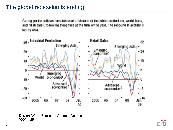The global recession is ending Source: World Economic Outlook, October 2009, IMF 3 