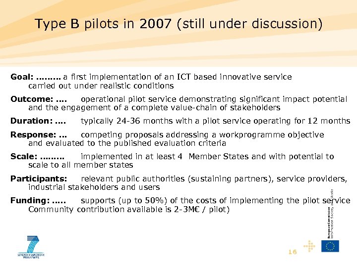  Type B pilots in 2007 (still under discussion) Goal: ……… a first implementation