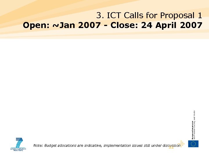3. ICT Calls for Proposal 1 Open: ~Jan 2007 - Close: 24 April 2007