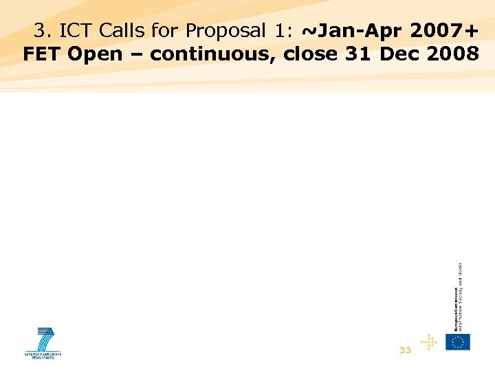 3. ICT Calls for Proposal 1: ~Jan-Apr 2007+ FET Open – continuous, close 31