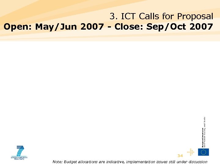 3. ICT Calls for Proposal Open: May/Jun 2007 - Close: Sep/Oct 2007 34 Note: