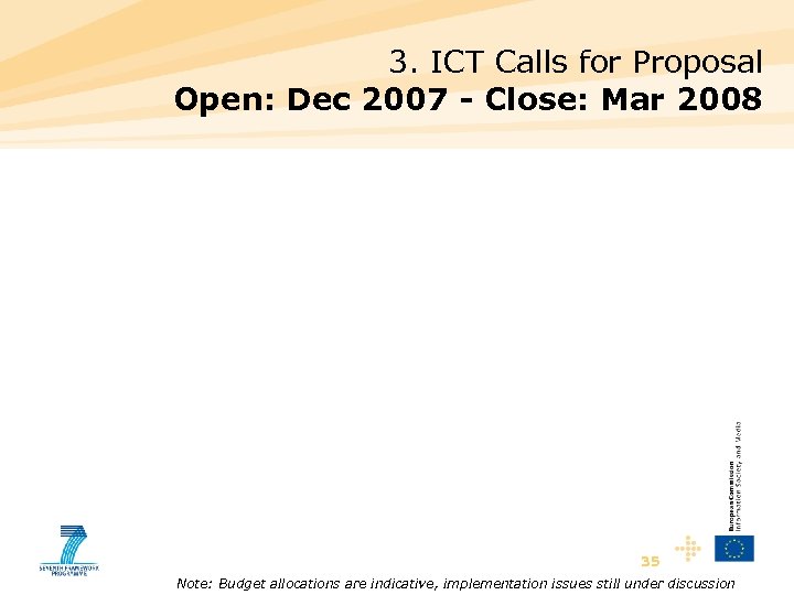 3. ICT Calls for Proposal Open: Dec 2007 - Close: Mar 2008 35 Note: