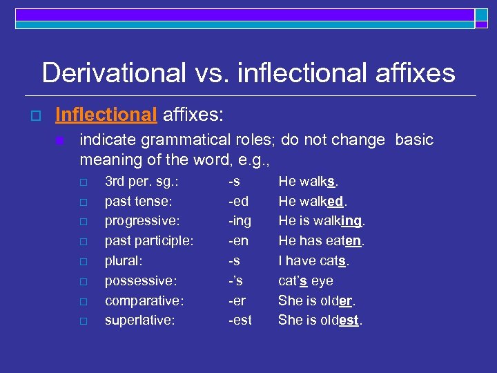 Derivational vs. inflectional affixes o Inflectional affixes: n indicate grammatical roles; do not change