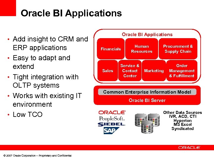 Oracle BI Applications • Add insight to CRM and • • ERP applications Easy