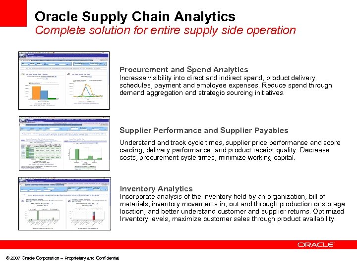 Oracle Supply Chain Analytics Complete solution for entire supply side operation Procurement and Spend