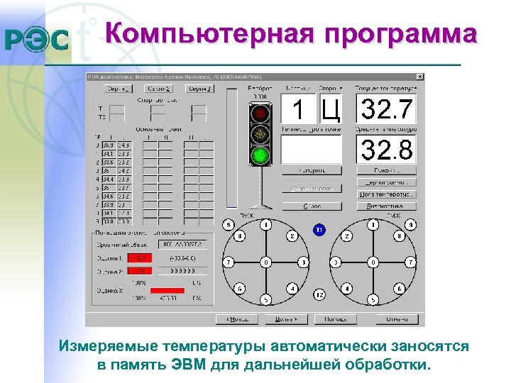 Компьютерная программа Измеряемые температуры автоматически заносятся в память ЭВМ для дальнейшей обработки. 