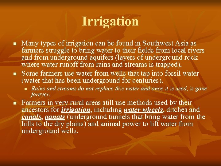 Irrigation n n Many types of irrigation can be found in Southwest Asia as