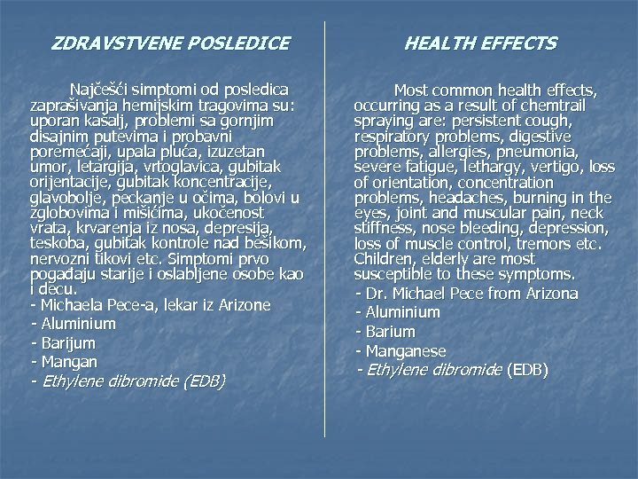 ZDRAVSTVENE POSLEDICE Najčešći simptomi od posledica zaprašivanja hemijskim tragovima su: uporan kašalj, problemi sa