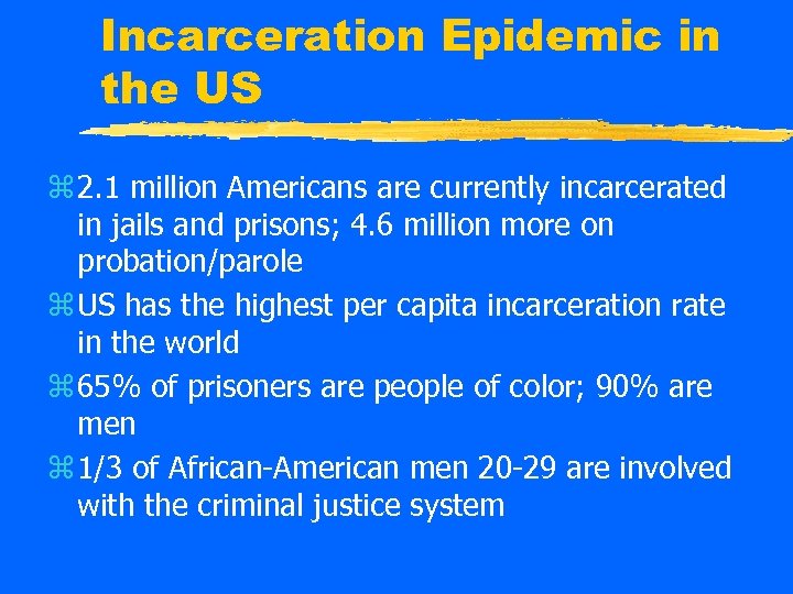 Incarceration Epidemic in the US z 2. 1 million Americans are currently incarcerated in