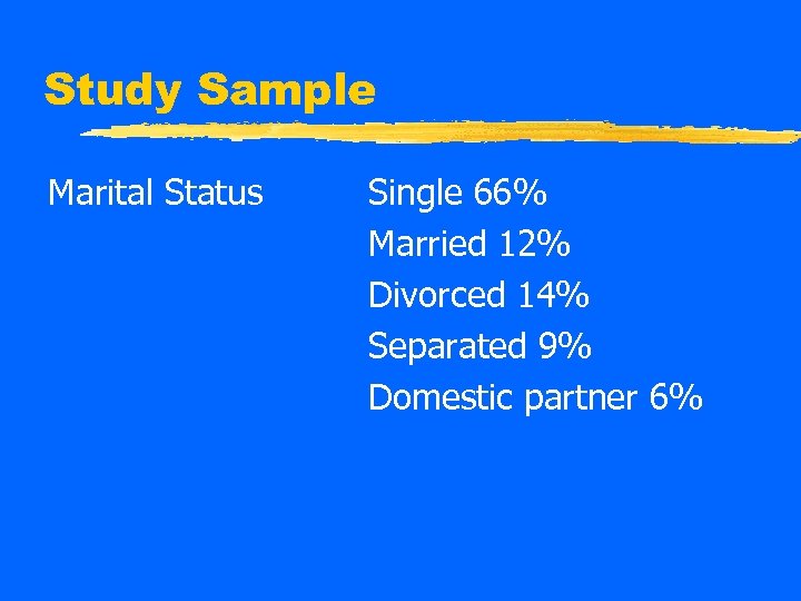 Study Sample Marital Status Single 66% Married 12% Divorced 14% Separated 9% Domestic partner