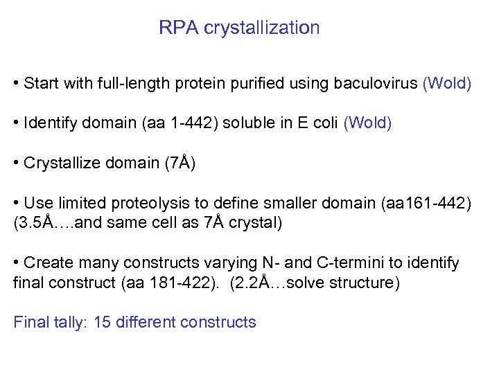 RPA crystallization • Start with full-length protein purified using baculovirus (Wold) • Identify domain