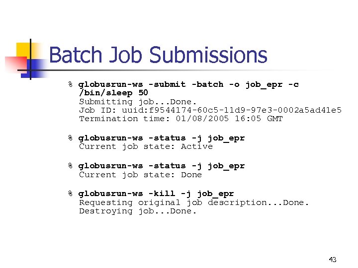 Batch Job Submissions % globusrun-ws -submit -batch -o job_epr -c /bin/sleep 50 Submitting job.
