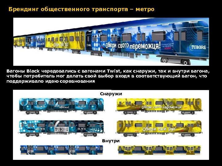 Брендинг общественного транспорта – метро Вагоны Black чередовались с вагонами Twist, как снаружи, так