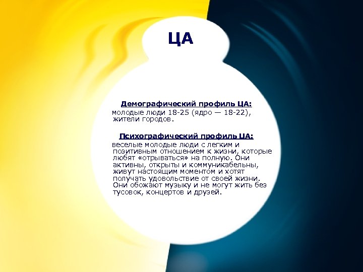 ЦА Демографический профиль ЦА: молодые люди 18 -25 (ядро — 18 -22), жители городов.