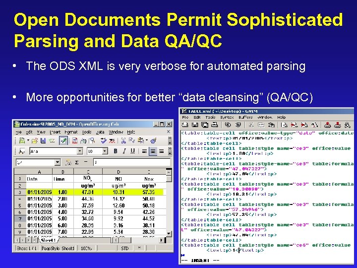 Open Documents Permit Sophisticated Parsing and Data QA/QC • The ODS XML is very