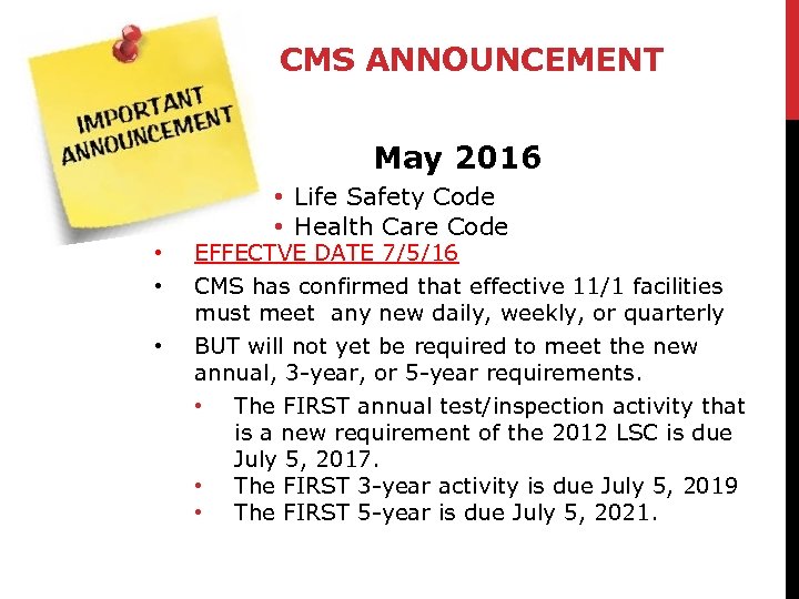 CMS ANNOUNCEMENT May 2016 • Life Safety Code • Health Care Code • •